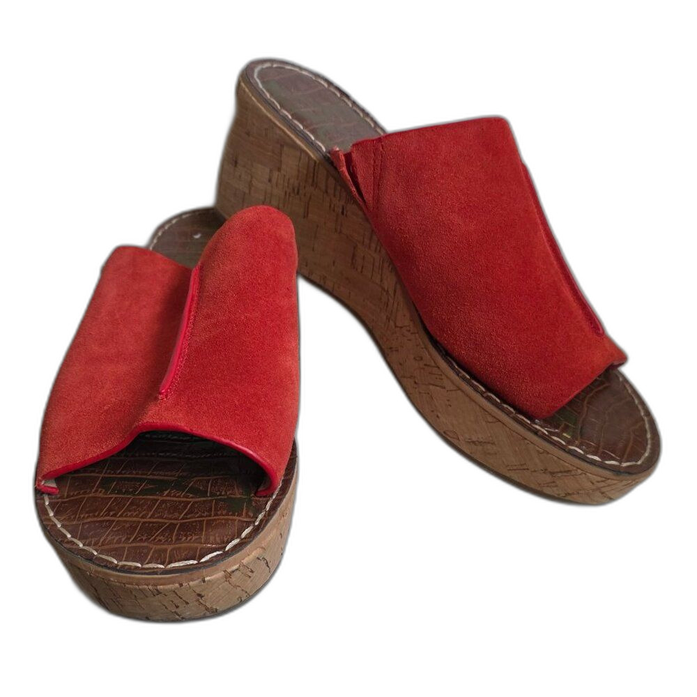 SAM EDELMAN Ranger Platform Wedge Sandals | 8 | Red Suede Slides Cork Heel EUC